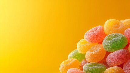  a pile of colorful gummy bears sitting on top of each other against a bright yellow background