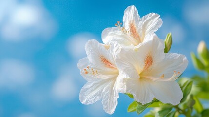  two white azalea flowers with green leaves against a blue sky The flowers have delicate petals and buds, and the leaves are a vibrant green The background is slig