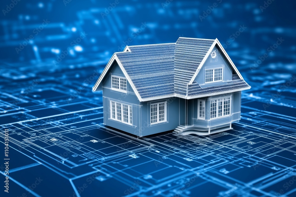 Poster a clean and simple blueprint design of a house floor plan, displayed with thin white lines on a deep