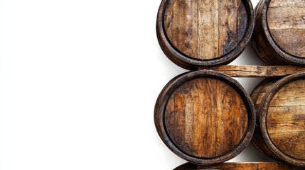  a group of wooden barrels stacked on top of each other on a white background The barrels appear to be made of wood and have a rustic, aged look to them The white