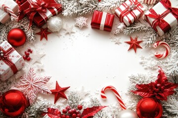 Christmas border with gifts, ornaments, and candy canes on a white background.