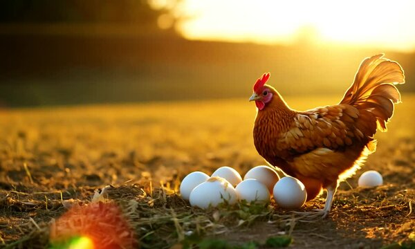 Brown hen walking near white eggs at sunset