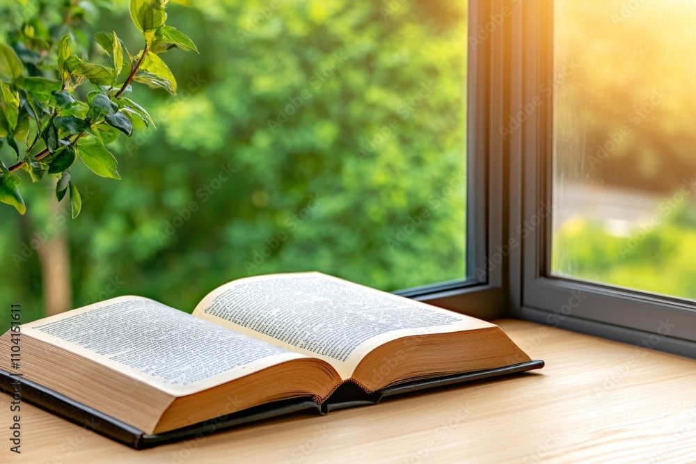 Poster a close-up of an open book resting on a wooden table, with sunlight streaming through a nearby windo