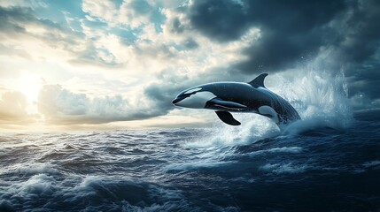 A whale breaching the ocean surface, creating a dynamic splash in a serene marine environment.