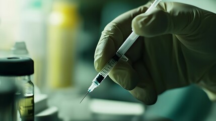 Fototapeta premium Closeup of doctor hands adjusting a syringe, medical equipment in sterile clinic