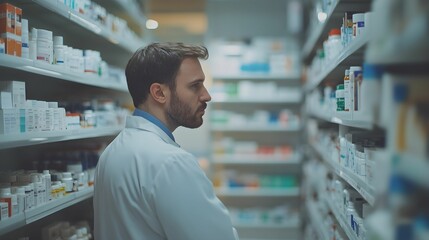 A pharmacist is looking for medicines on the shelves of a pharmacy