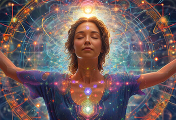 Woman in meditation experiencing heart opening, activation, awakening, enlightenment, samadhi, connection to divine, oneness. Cosmic yoga practice, connection to higher self, love, light.   