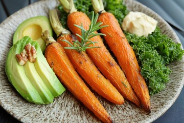 A plate featuring roasted carrots, avocado, kale, and a dollop of mayonnaise.