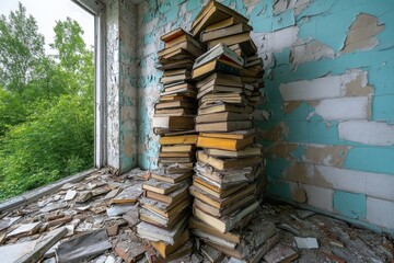 Fototapeta premium A collection of old, water-damaged books stacked haphazardly in a decrepit library with peeling walls