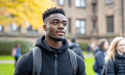 A diverse group of students touring a college campus, taking photos and listening to a guide, optimistic and hopeful college admissions journey 