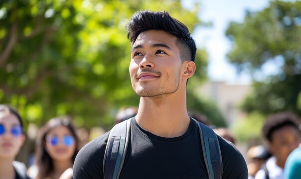 A diverse group of students touring a college campus, taking photos and listening to a guide, optimistic and hopeful college admissions journey 