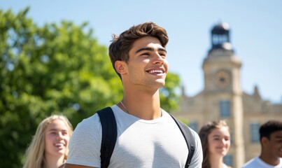 A diverse group of students touring a college campus, taking photos and listening to a guide, optimistic and hopeful college admissions journey 