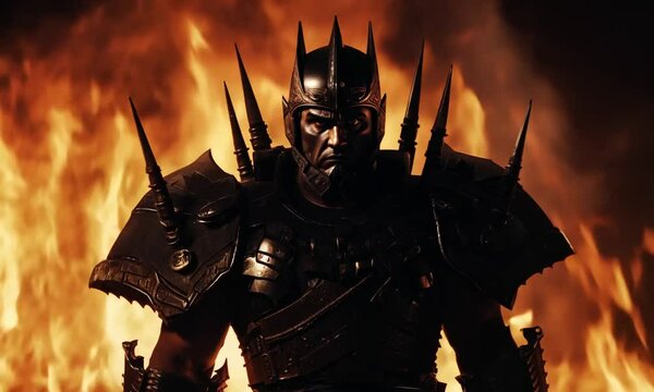 Fearsome warrior wearing armor standing with fire background