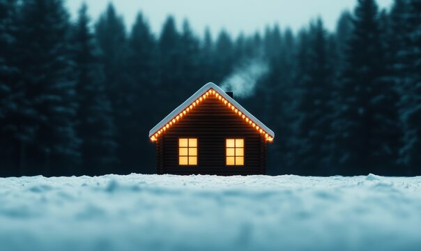 A quaint cabin in the woods glowing with Christmas lights, buried under heavy snow during a blizzard, smoke rising from the chimney 