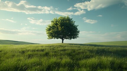 Obraz premium Serene tree standing amid rich green grass under blue skies