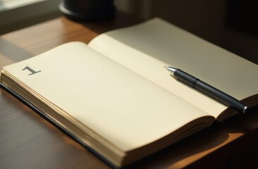 Empty open notebook with black pen,number 1 written on blank page. New phase or New Year list of resolutions, to-do list