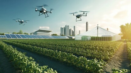 Fototapeta premium Drones monitoring crops in a sustainable urban farm with solar panels