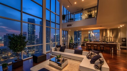 A luxury penthouse living room with floor-to-ceiling windows and a breathtaking city view