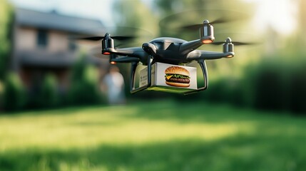 A sleek black drone hovering in a green backyard, delivering a burger, showcasing the intersection of technology and food delivery.