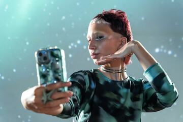Futuristic woman with smartphone explores virtual spaces