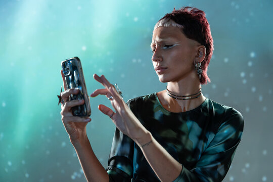 Futuristic woman engaging with technology in digital space