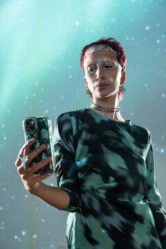Futuristic woman interacting with technology in metaverse setting