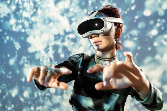 Futuristic woman exploring virtual reality in metaverse