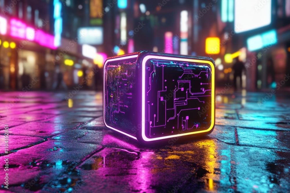 Poster A cyberpunk-inspired glowing box with neon circuitry patterns, set in a futuristic marketplace with holographic signs in the background