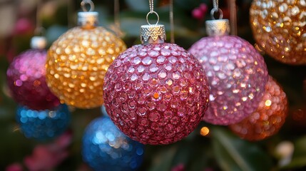 Obraz premium A close-up image showcasing colorful, glittering Christmas ornaments hanging from a tree captures the festive spirit and vibrant holiday atmosphere in a mesmerizing, decorative display.