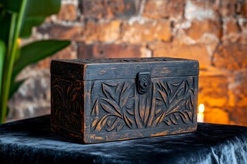 A dark wooden box with intricate gothic carvings, sitting on a velvet cloth in a candlelit room, with faint shadows dancing on the walls