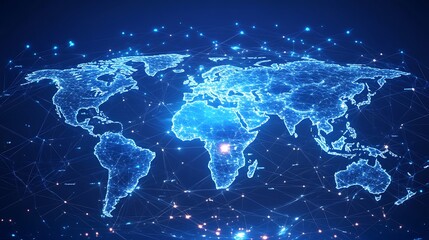 A digital representation of a world map with interconnected nodes and glowing lines.
