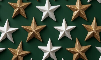 Obraz premium Christmas stars glow against dark green, featuring white and gold accents for festive 3D decor 