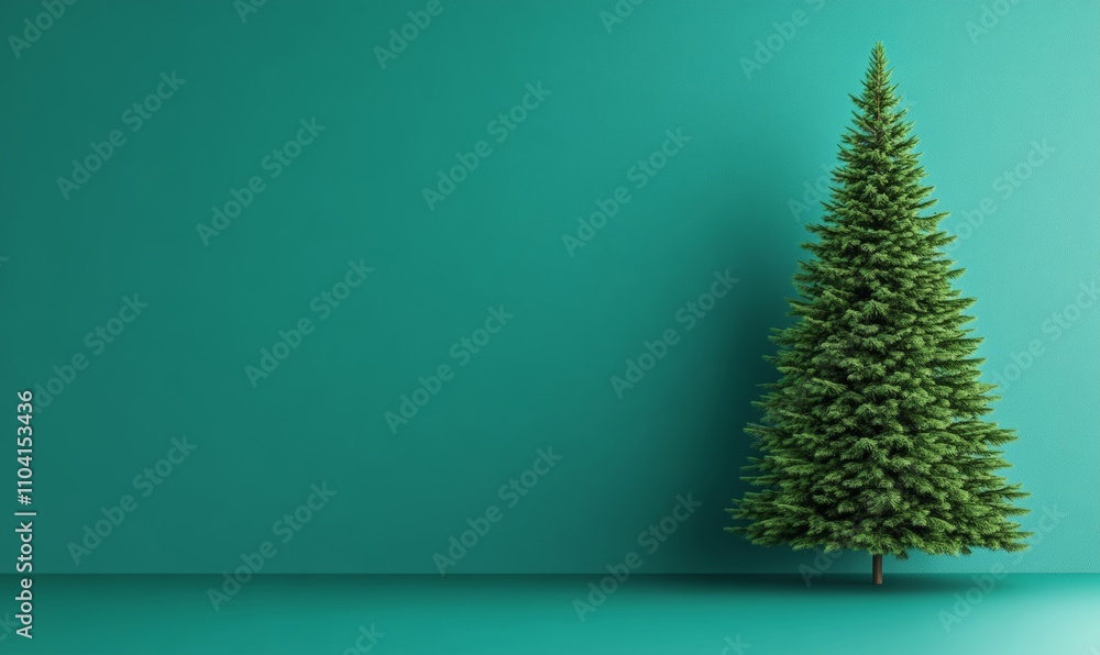 Poster christmas tree on a teal background with copy space, featuring 3d rendering in green and teal