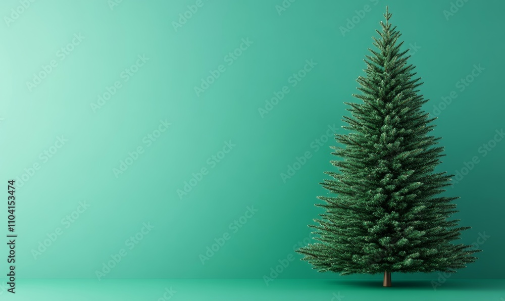 Poster christmas tree on a teal background with copy space, featuring 3d rendering in green and teal