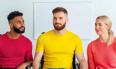 Collaborative team in modern office brainstorming on whiteboard; diversity includes wheelchair user; vibrant colors