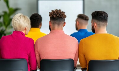 Collaborative team in modern office brainstorming on whiteboard; diversity includes wheelchair user; vibrant colors