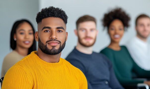 Collaborative team in modern office brainstorming on whiteboard; diversity includes wheelchair user; vibrant colors - Powered by Adobe