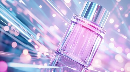 Vivid perfume bottle surrounded by glowing streaks.