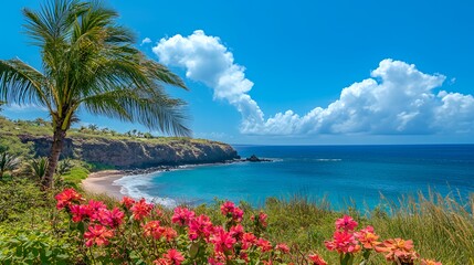 Naklejka premium Lush pink flowers and a palm tree overlook a scenic tropical beach cove under a bright blue sky.