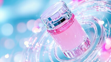 Swirling pink perfume bottle embodies futuristic allure.