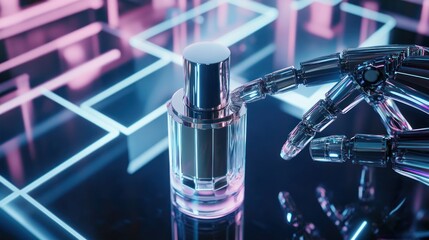 Futuristic robotic hand with perfume bottle display.