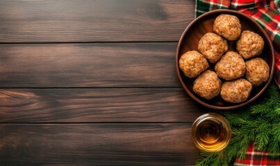 Fototapeta premium Elegant haggis set on a rustic wooden table with tartan cloth and whisky background with empty space for text 