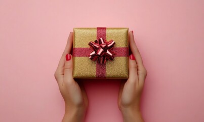 Female hands holding Christmas gift boxes on pink background, featuring gold, silver, and red accents 