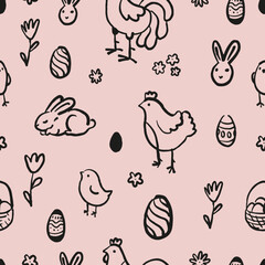 Simple Hand Drawn Easter Ornament. Easter Seamless Pattern with Bunnies, Eggs, and Chicks on Beige Background.