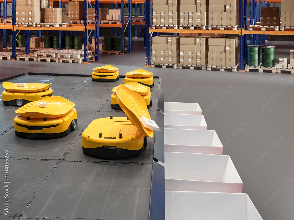 Poster agv in stock. amr technologies. warehouse robots sort parcels into boxes. agv in distribution center