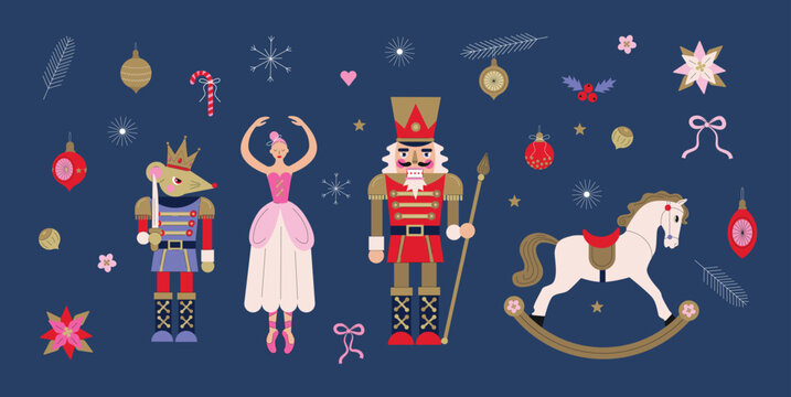 Nutcracker Ballet. Christmas illustration of Nutcracker, Princess and mouse King. Christmas Decoration toys and decoration set.