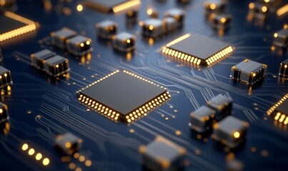 Futuristic Brain Circuit Board Depicting Artificial Intelligence Concept, Featuring Glowing Lights in Blue and Gold 