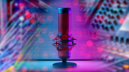 Condenser microphone. Professional sound recording equipment. Micro for podcast participant. Wires...