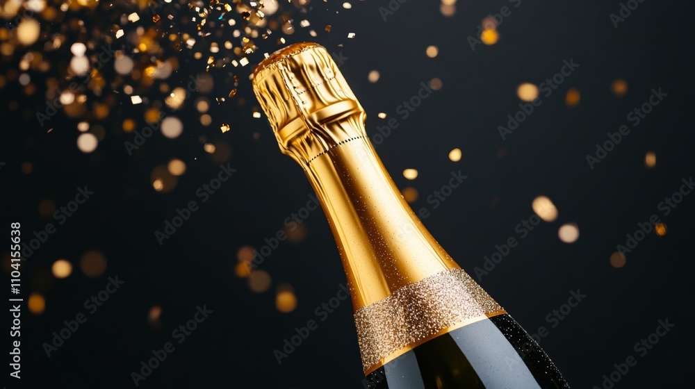 Poster glittering golden champagne bottle exploding with sparkling confetti against a dark midnight gradien