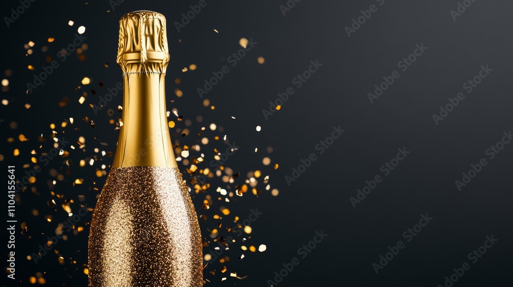 Poster glittering golden champagne bottle exploding with sparkling confetti against a dark midnight gradien